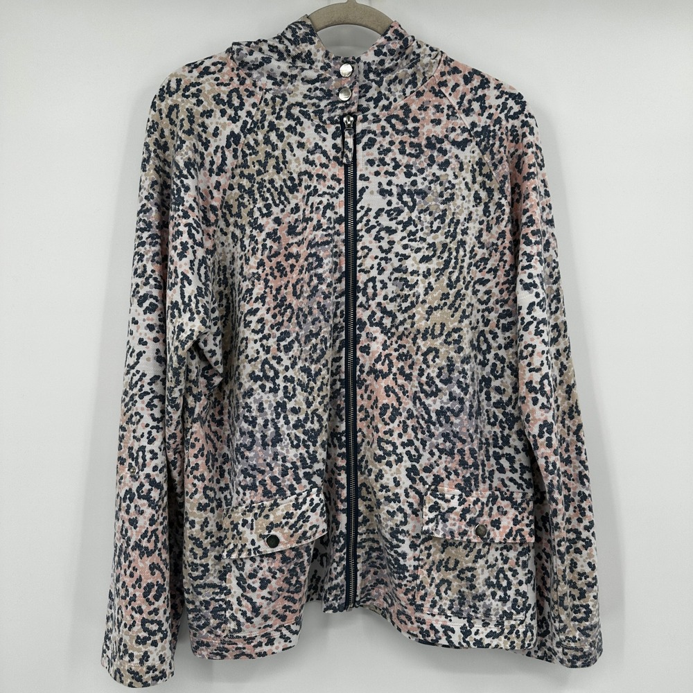 Weekends by Chicos Women Size 3 Pink Leopard Print Full Zip Hooded Jacket Coat